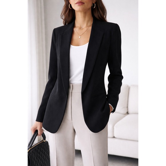 Theory Jackets & Blazers - Theory Open Front Blazer Womens 6 Black Virgin Wool Minimalist Chic Quiet Luxury